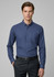 A long sleeve button-up shirt in navy blue, featuring a chest pocket and a logo on the front.