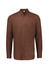 A brown long sleeve button-up shirt with a collar and a single chest pocket, featuring a logo on the label.