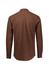 A brown long sleeve button-up shirt with a simple design and a logo on the back.
