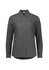 A women's long sleeve button-up shirt in dark grey, featuring a collar and a logo.