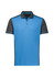 A blue and grey men's short sleeve polo shirt featuring a logo.