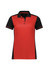 A women's short sleeve polo shirt in red and black with a logo on the chest.