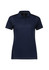 A women's short sleeve polo shirt in navy blue with a subtle textured pattern and a logo.