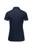 A navy women's short sleeve polo shirt with a fitted design and a logo on the back.