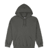 A dark grey hooded sweatshirt featuring a front pocket and a logo. Suitable for casual wear.