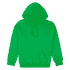 A bright green hooded sweatshirt with a front pocket and drawstring hood. It features a logo.