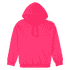 A bright pink hooded sweatshirt featuring a front pocket and a drawstring hood. It has a logo on it.