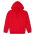 A red heavy blend adult hooded sweatshirt with a front pocket and a drawstring hood. Features a logo.