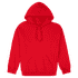 A bright red hooded sweatshirt featuring a front pocket and a drawstring hood. It has a logo present.