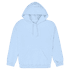 A light blue heavy blend adult hooded sweatshirt with a front pocket and drawstring hood. It features a logo.