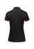A women's short sleeve polo shirt in black with red piping and a logo on the side.