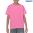 A pink youth t-shirt with short sleeves, featuring a logo in the top corner.
