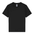 A black youth T-shirt displayed flat with short sleeves and a round neckline. Features a logo label inside.