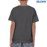 A youth t-shirt in dark grey, featuring a logo, displayed from the back.