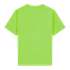 A bright green youth t-shirt with a simple design and a logo on the back.