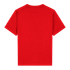 A red youth t-shirt with a plain back design and short sleeves, featuring a logo.