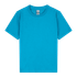 A bright turquoise youth T-shirt with short sleeves and a round neckline, featuring a tag inside.