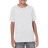 A youth t-shirt in light grey, featuring a classic crew neck and short sleeves, on a smiling child model.
