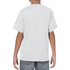 A grey heavy cotton youth T-shirt displayed from the back, featuring short sleeves and a relaxed fit.