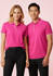 A pink short sleeve polo shirt featuring contrasting collar trims, displayed on two models against a light background.
