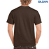 A brown heavy cotton adult t-shirt with a plain back and a logo at the top right corner.