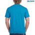 A blue heavy cotton adult T-shirt viewed from the back, featuring a logo.