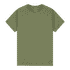 A green heavy cotton adult t-shirt with short sleeves and a label in the neckline.