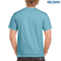 A light blue heavy cotton adult t-shirt with a logo, viewed from the back.