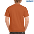 An orange adult T-shirt featuring a logo, shown from the back on a model.