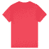 A back view of a heavy cotton adult T-shirt in vibrant red, featuring a plain design and a logo.