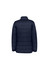 A dark navy women's puffer jacket featuring a smooth finish and horizontal quilted design on the back.