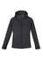A women's soft shell jacket in dark grey with a textured pattern, featuring a hood and zipper closures.
