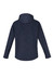 A men's soft shell jacket in dark navy with a textured pattern and a hood, featuring a logo on one side.