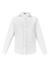A white long sleeve button-up shirt with a collar and a branded label.