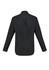 A black long sleeve button-up shirt with a back pleat and cuffed sleeves. Features a branding logo.