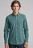 A long sleeve button-up shirt in a dark green colour, featuring a collar and a logo.