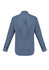 A blue men's button-up shirt with long sleeves, featuring a back pleat and cuffs. It includes a logo on the label.