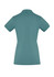 A back view of a women's short sleeve polo shirt in a teal colour, featuring a collar and fitted style.