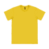 A yellow adult t-shirt with a round neckline and short sleeves, featuring a logo.