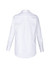 A white long sleeve button-up shirt with a back pleat and cuffed sleeves, featuring a logo.