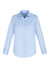A light blue women's button-up shirt with long sleeves and a classic collar, featuring a logo.