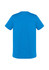 A blue short sleeve t-shirt with a simple design and a logo on the back.