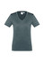 A dark grey women's short sleeve tee with a V-neck design, featuring a logo on the label.