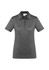 A women's short sleeve polo shirt in a dark grey colour with a collar and buttons, featuring a logo.