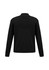 A black wool pullover with a ribbed texture and a collar, featuring a logo. The back view displays long sleeves.