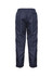 A pair of navy blue track pants with an elastic waistband and elastic cuffs at the ankles, featuring a branding logo.