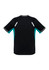 A black short sleeve tee featuring turquoise accents and reflective details. The design includes a logo on the back.