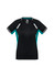A black and teal women's short sleeve tee with a v-neck design and white accents, featuring a logo.