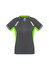 A women's short sleeve tee featuring a grey body with bright green accents and reflective stripes. It has a logo.