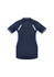A navy women's short sleeve tee with contrasting white accents and a logo on the back.